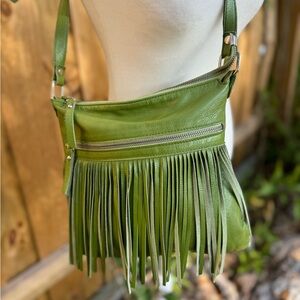 INNUE Italian Leather green leather fringe boho crossbody bag.